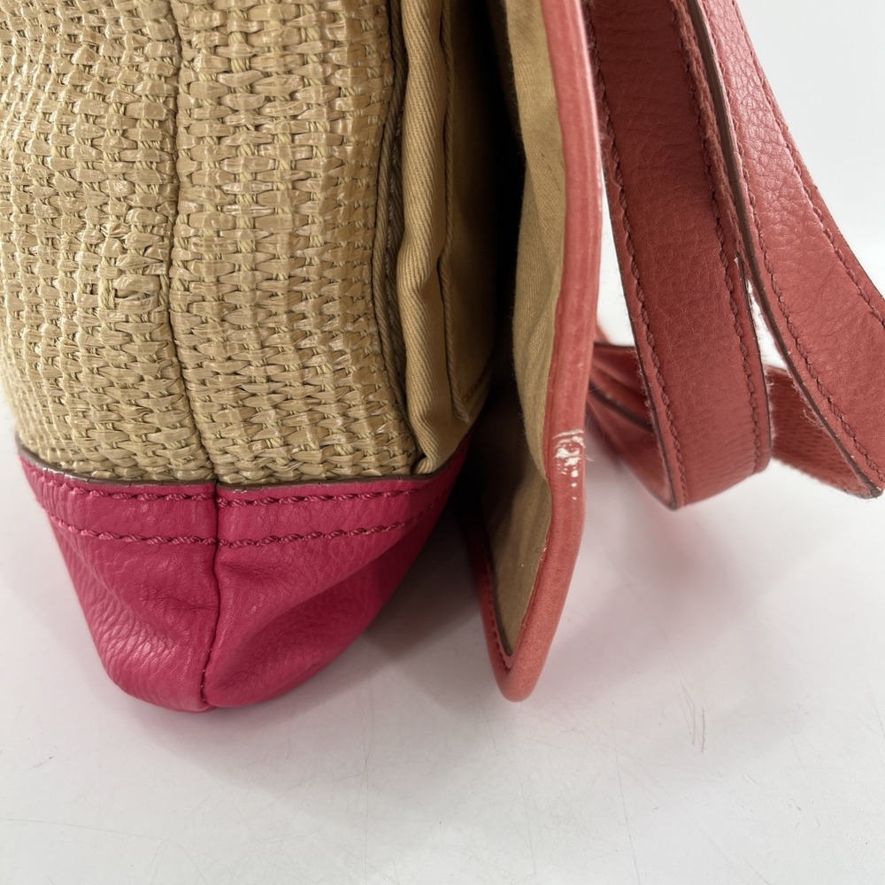 Rare Vintage Fossil Crossbody Messenger Straw & Leather Tablet Bag Pink Coral - Picture 8 of 16
